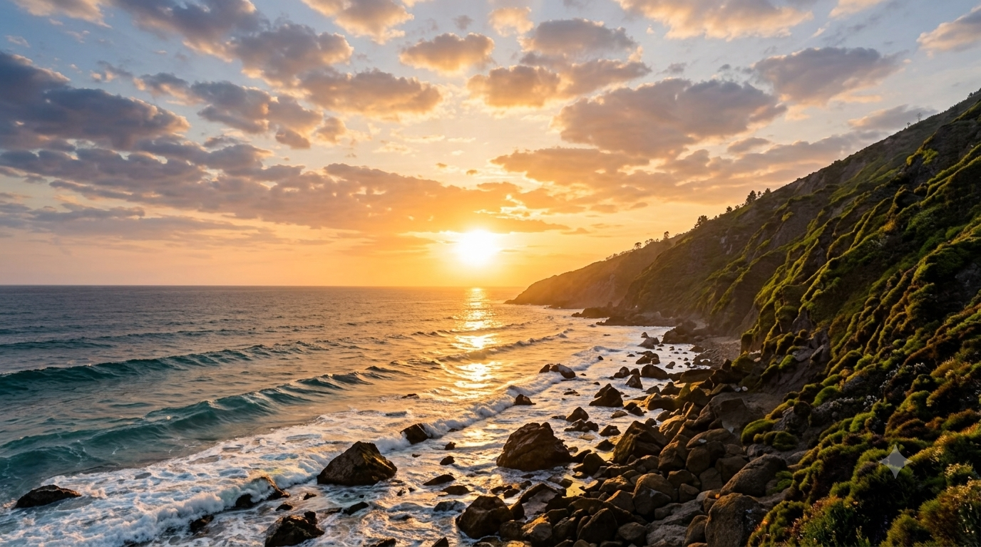 Golden sunset over a calm ocean coastline