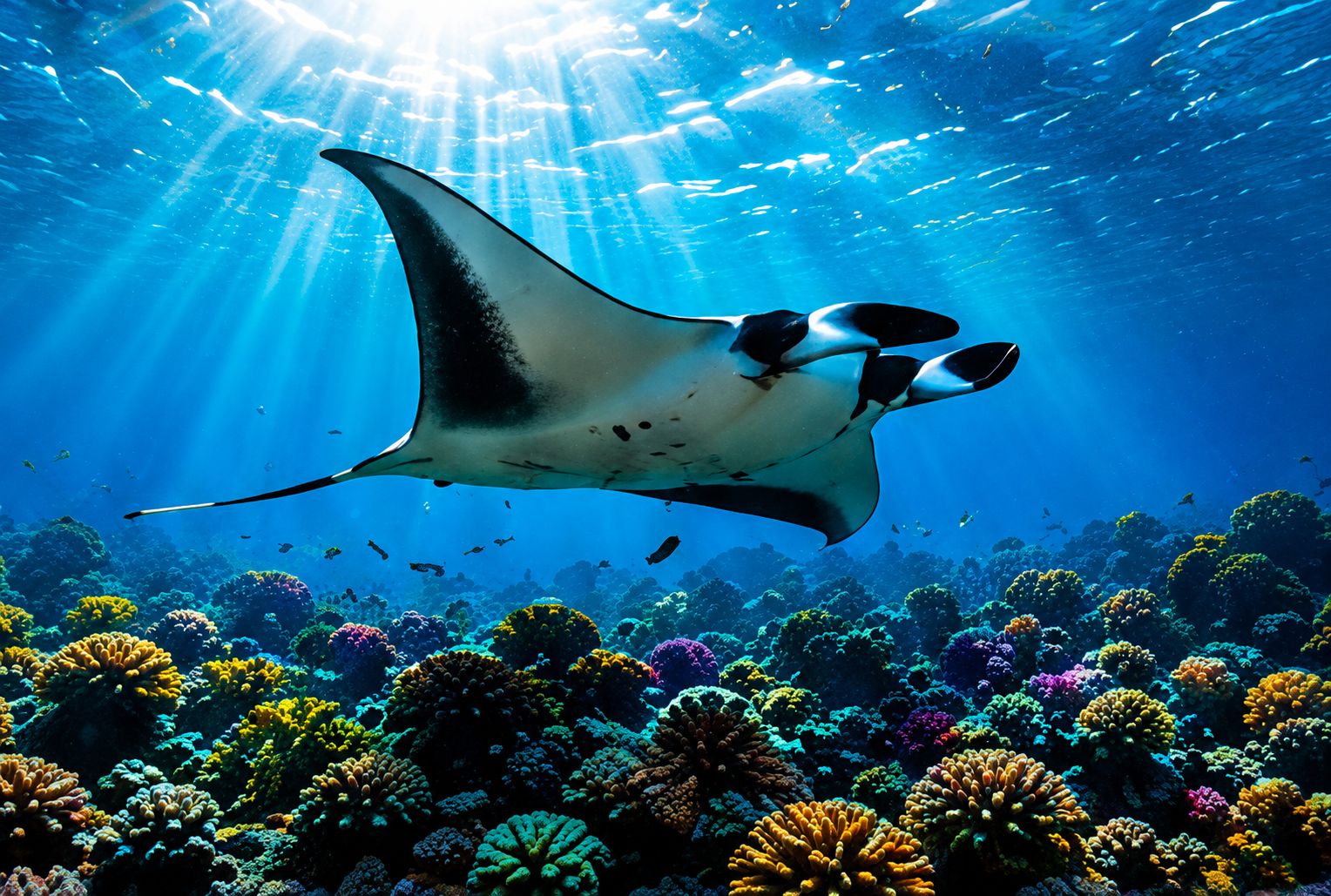 Manta ray gliding over a coral reef