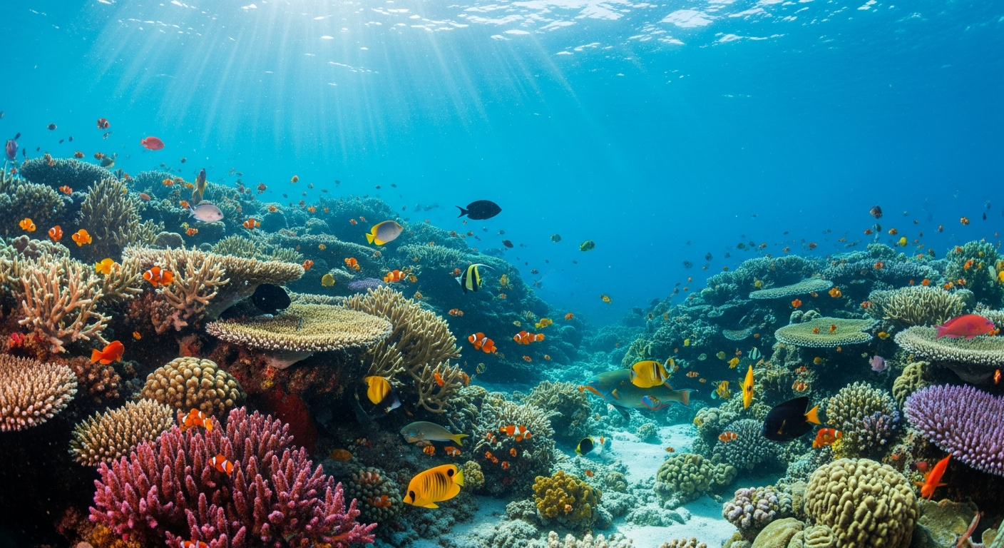 Sunlit coral reef beneath a clear blue ocean